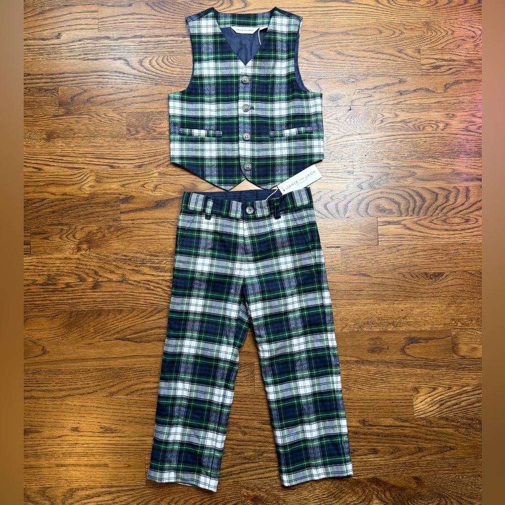 NWT JANIE and JACK Boys Green and Blue Tartan Plaid Vest & Pants Set Size 3